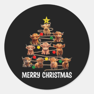 Vrolijk kerstfeest Highland Koe Western kerstboom  Ronde Sticker