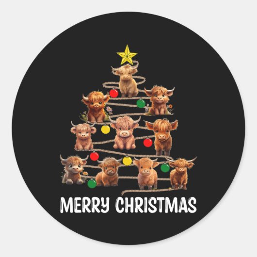 Vrolijk kerstfeest Highland Koe Western kerstboom  Ronde Sticker (Voorkant)