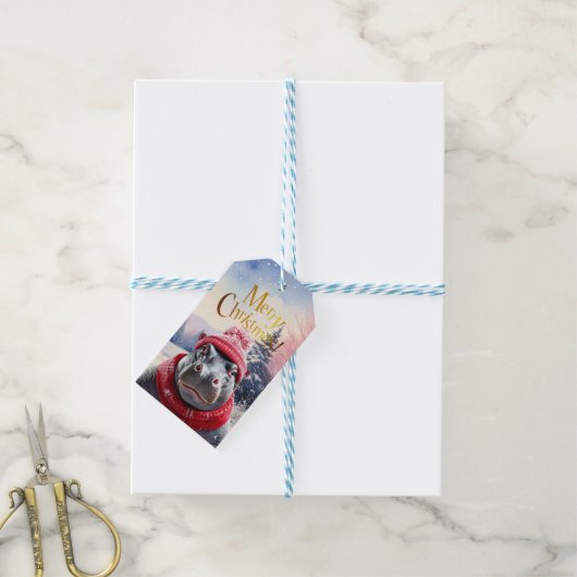 Vrolijk Kerstfeest Hippo Kerstmuts en sjaal Cadeaulabel (Met Touw)