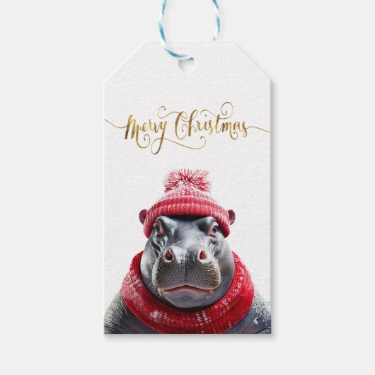 Vrolijk Kerstfeest Hippo Kerstmuts en sjaal Cadeaulabel (Voorkant)