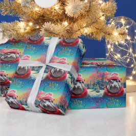 Vrolijk Kerstfeest Hippo Kerstmuts en sjaal Cadeaupapier