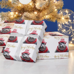 Vrolijk Kerstfeest Hippo Kerstmuts en sjaal Cadeaupapier