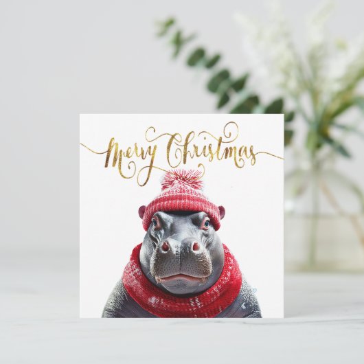 Vrolijk Kerstfeest Hippo Kerstmuts en sjaal Feestdagenkaart (Staand voorkant)