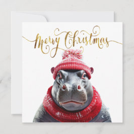 Vrolijk Kerstfeest Hippo Kerstmuts en sjaal Feestdagenkaart