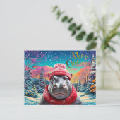 Vrolijk Kerstfeest Hippo Kerstmuts en sjaal Feestdagenkaart (Staand voorkant)