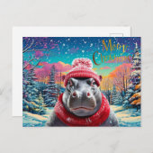 Vrolijk Kerstfeest Hippo Kerstmuts en sjaal Feestdagenkaart (Voorkant / Achterkant)