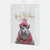Vrolijk Kerstfeest Hippo Kerstmuts en sjaal Glas Ornament (Voorkant links)