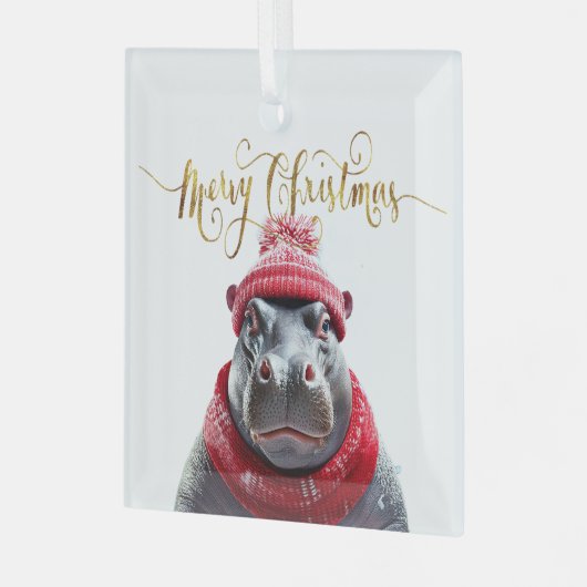 Vrolijk Kerstfeest Hippo Kerstmuts en sjaal Glas Ornament (Voorkant links)