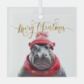 Vrolijk Kerstfeest Hippo Kerstmuts en sjaal Glas Ornament (Voorkant)