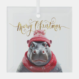 Vrolijk Kerstfeest Hippo Kerstmuts en sjaal Glas Ornament