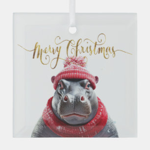 Vrolijk Kerstfeest Hippo Kerstmuts en sjaal Glas Ornament