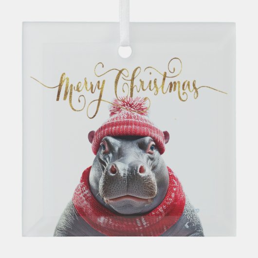 Vrolijk Kerstfeest Hippo Kerstmuts en sjaal Glas Ornament (Voorkant)