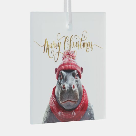 Vrolijk Kerstfeest Hippo Kerstmuts en sjaal Glas Ornament (Voorkant Rechts)