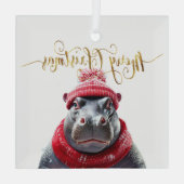 Vrolijk Kerstfeest Hippo Kerstmuts en sjaal Glas Ornament (Achterkant)