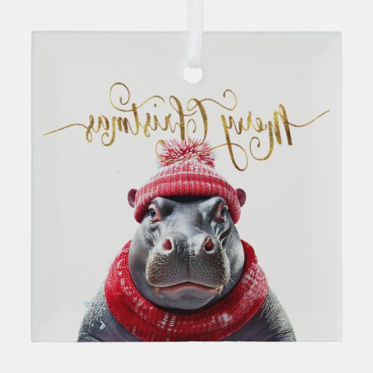 Vrolijk Kerstfeest Hippo Kerstmuts en sjaal Glas Ornament (Achterkant)