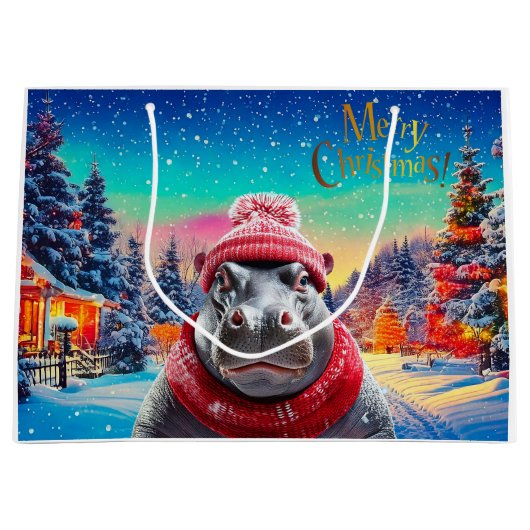 Vrolijk Kerstfeest Hippo Kerstmuts en sjaal Groot Cadeauzakje (Voorkant)