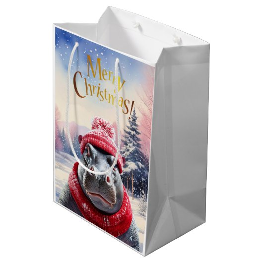 Vrolijk Kerstfeest Hippo Kerstmuts en sjaal Medium Cadeauzakje (Achterkant Gekanteld)