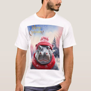 Vrolijk Kerstfeest Hippo Kerstmuts en sjaal T-shirt