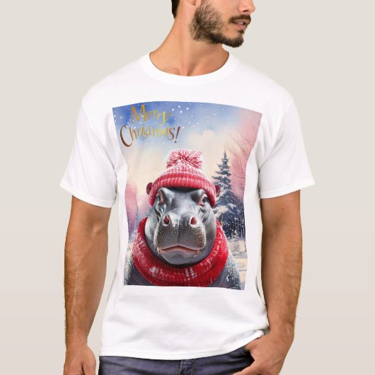 Vrolijk Kerstfeest Hippo Kerstmuts en sjaal T-shirt (Voorkant)