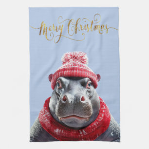 Vrolijk Kerstfeest Hippo Kerstmuts en sjaal Theedoek