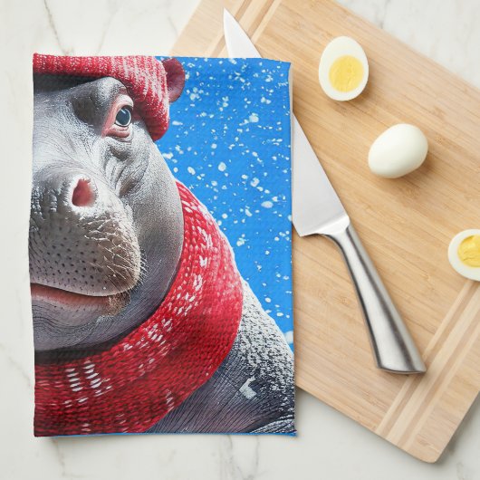 Vrolijk Kerstfeest Hippo Kerstmuts en sjaal Theedoek (Quarter Fold)