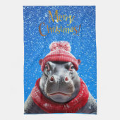 Vrolijk Kerstfeest Hippo Kerstmuts en sjaal Theedoek (Verticaal)