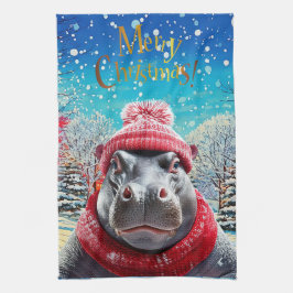 Vrolijk Kerstfeest Hippo Kerstmuts en sjaal Theedoek