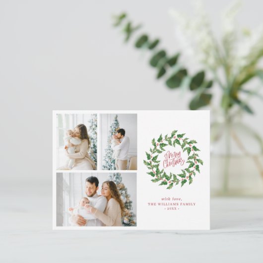 Vrolijk kerstfeest | Holly Berries | 3 Fotovakanti Briefkaart (Staand voorkant)