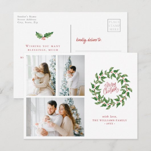 Vrolijk kerstfeest | Holly Berries | 3 Fotovakanti Briefkaart (Voorkant / Achterkant)