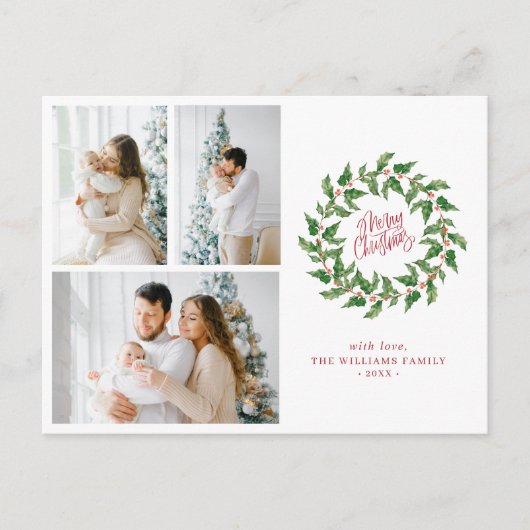 Vrolijk kerstfeest | Holly Berries | 3 Fotovakanti Briefkaart (Voorkant)