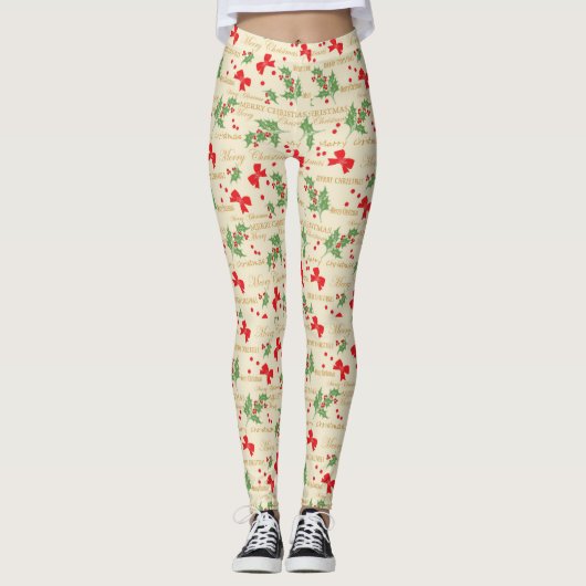 Vrolijk kerstfeest, Holly, Berries en rode bogen Leggings (Voorkant)