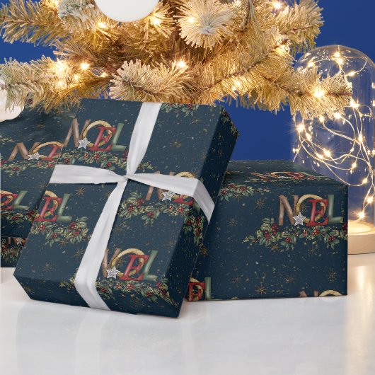 Vrolijk Kerstfeest Holly Berries Noel Gold Red Blu Cadeaupapier (Feestdagen)