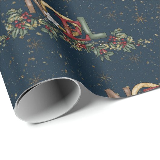 Vrolijk Kerstfeest Holly Berries Noel Gold Red Blu Cadeaupapier (Rol Hoek)