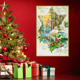 Vrolijk Kerstfeest Holly Berries Sneeuwfeest Poster