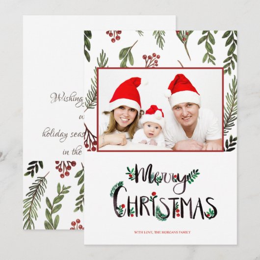 Vrolijk kerstfeest, Holly Berry Branches Foto (Voorkant / Achterkant)