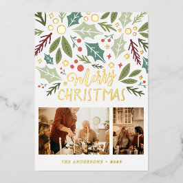 Vrolijk kerstfeest Holly Berry Foliage Twee Foto F Folie Feestdagenkaart