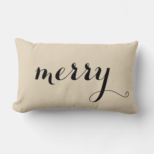 Vrolijk Kerstfeest Holly Black Script Beige Holida Kussen (Voorkant)