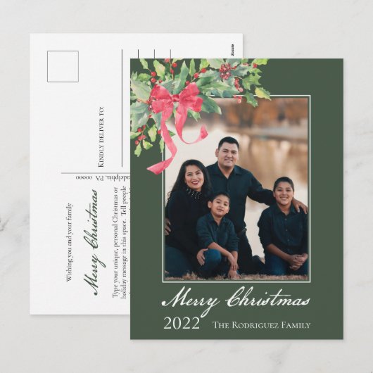 Vrolijk kerstfeest Holly en Berry Greenery Photo H Feestdagenkaart (Voorkant / Achterkant)