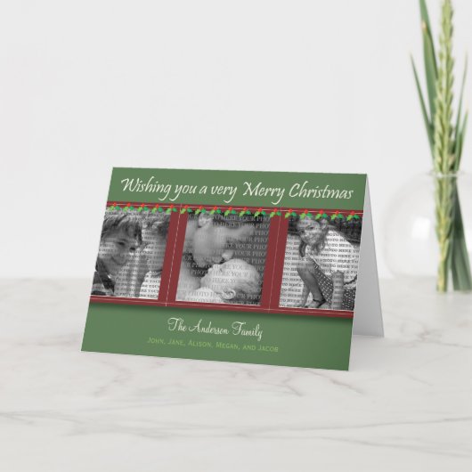 Vrolijk kerstfeest Holly en Ivy Tri-Photo Card Feestdagen Kaart (Voorkant)