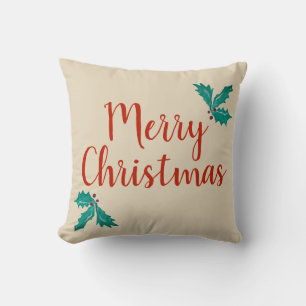 Vrolijk kerstfeest Holly Ivy VintageRed Beige Holi Kussen
