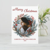 Vrolijk Kerstfeest Holly Krans Foto Vakantie Kaart (Staand voorkant)