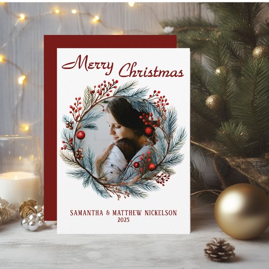 Vrolijk Kerstfeest Holly Krans Foto Vakantie Kaart