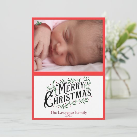 Vrolijk kerstfeest Holly Leaves en Berries Foto (Staand voorkant)