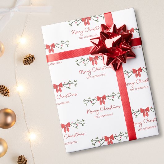 vrolijk kerstfeest | Holly & Red Bow | Gepersonali Cadeaupapier