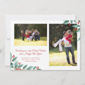 Vrolijk kerstfeest Holly Red en groene foto Feestdagenkaart (Achterkant)