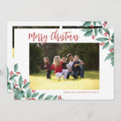 Vrolijk kerstfeest Holly Red en groene foto Feestdagenkaart (Voorkant / Achterkant)