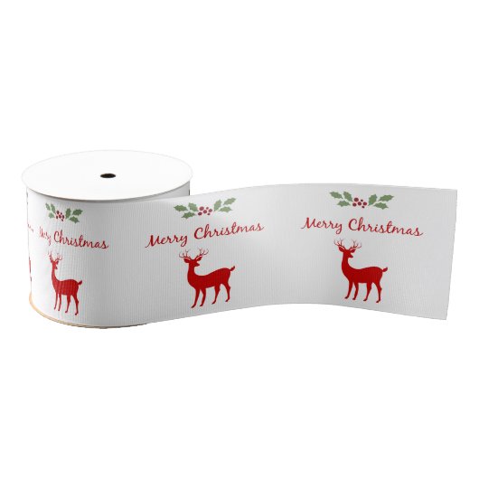 Vrolijk kerstfeest Holly Reindeer Deer Festive Whi Grosgrain Lint (Spoel)