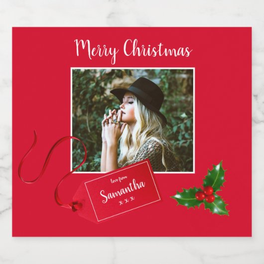 Vrolijk kerstfeest Holly Sprig - Aangepaste foto - Sparkling Wijnetiket (Enkel label)