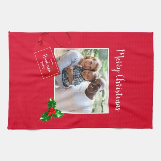 Vrolijk kerstfeest Holly Sprig - Aangepaste foto - Theedoek (Horizontaal)
