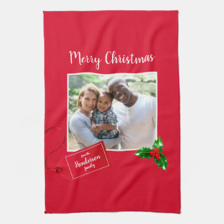 Vrolijk kerstfeest Holly Sprig - Aangepaste foto - Theedoek